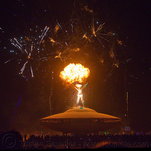 burning man - the man is set ablaze by a pyrotechnic explosion, burning man at night, explosion, fire, fireworks, night of the burn, pyrotechnics, the man