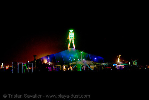 burning man - the man, shortly before it was set ablaze by an arsonist, burning man at night, first man, pavillion, the man