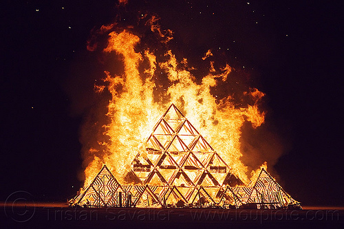 burning man - the temple burn, burning man at night, burning man temple, fire, temple of whollyness, wooden pyramid