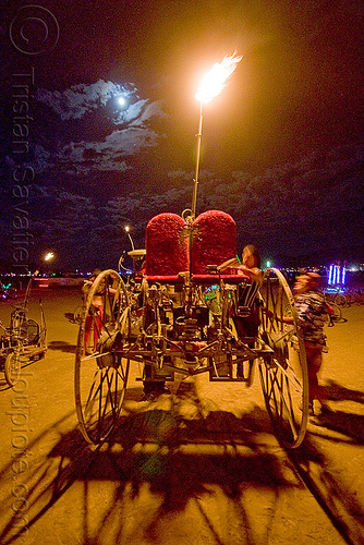 burning man - trike from the spontanous combustion camp, burning man at night, fire, full moon, spontanous combustion, three wheeler, trike