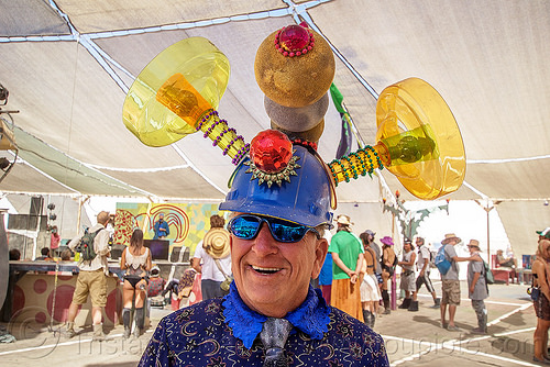 burning man - uncle ira with crazy hat, attire, blue hat, burning man outfit, costume, safety hat, sunglasses, uncle ira