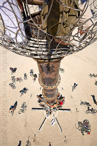 burning man - view from the top of the tower, art installation, bicycles, bikes, bryan tedrick, cage, climbing, the minaret, tower