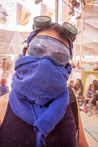 burning man - woman with blue scarf, attire, blue scarf, burning man outfit, dusty, goggles, woman
