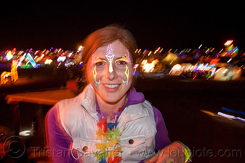 burning man - woman with face paint at night, burning man at night, facepaint, nicole, woman