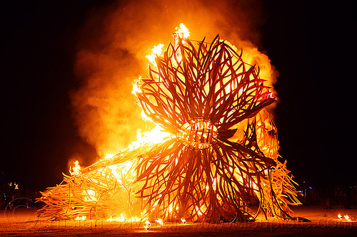 burning man - zoa, burning man at night, fire, flux fundation, zoa