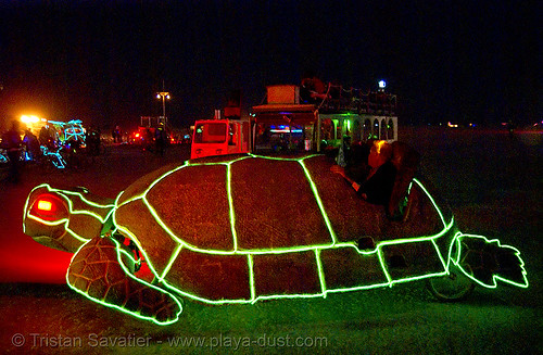 burning man - "zoom zoom" the turtle, art car, burning man art cars, burning man at night, glowing, mutant vehicles, turtle, zoom zoom