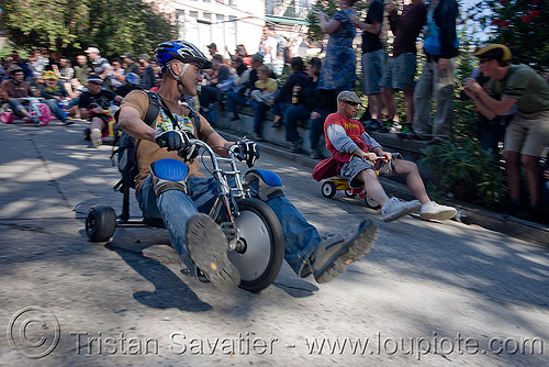 byobw - "bring your own big wheel" race - toy tricycles (san francisco), bicycle helmet, big wheel, drift trikes, moving fast, potrero hill, race, speed, speeding, toy tricycle, toy trike, trike-drifting