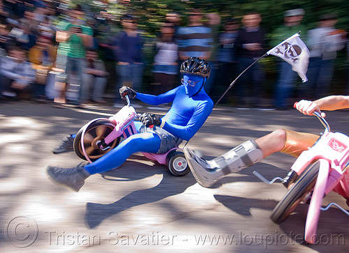 byobw - "bring your own big wheel" race - toy tricycles (san francisco), big wheel, blue costume, byobw 2011, drift trikes, moving fast, potrero hill, race, speed, speeding, toy tricycle, toy trike, trike-drifting