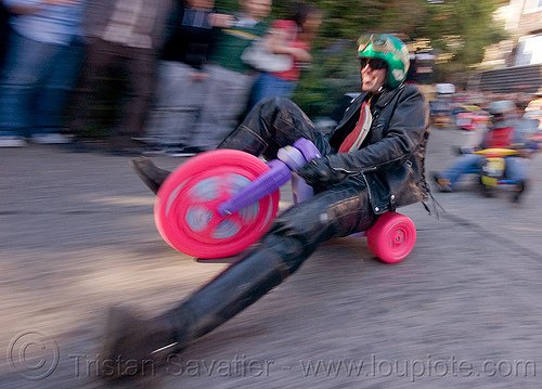 byobw - "bring your own big wheel" race - toy tricycles (san francisco), big wheel, byobw 2011, drift trikes, leather costume, leather jacket, motorcycle helmet, moving fast, potrero hill, race, speed, speeding, toy tricycle, toy trike, trike-drifting