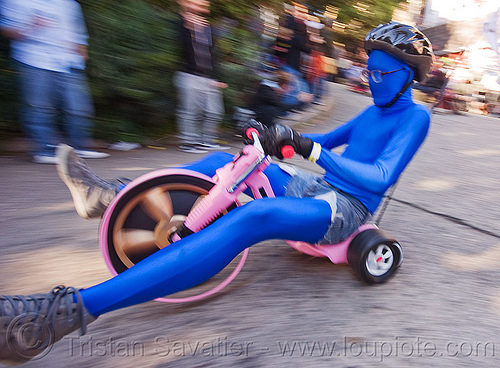 byobw - "bring your own big wheel" race - toy tricycles (san francisco), big wheel, blue costume, byobw 2011, drift trikes, moving fast, potrero hill, race, speed, speeding, toy tricycle, toy trike, trike-drifting