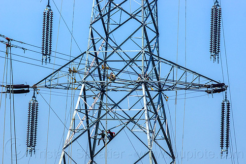 cable riggers installing power lines on transmission tower (india), cable riggers, cables, construction, electric line, electricity pylons, electricity transmission towers, high voltage, men, power line, power transmission lines, pulleys, pylon, rigging, safety harness, wires, workers