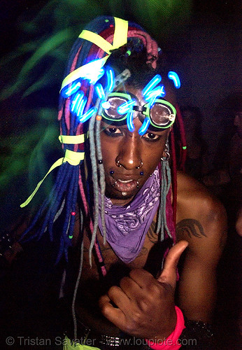 candy raver with led-lights, and, glowing, kandi kid, kandi raver, led lights, lightshow, man, night, rave lights, raver outfits