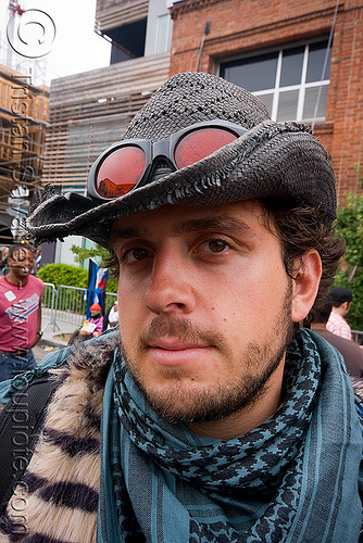 captain alien (eric) - dore alley fair (san francisco), blue scarf, goggles, hat, man, short beard
