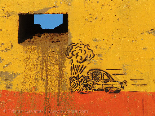 car crash stencil graffiti (san francisco), car accident, car crash, graffiti, ocean beach, orange, stencil, street art, yellow