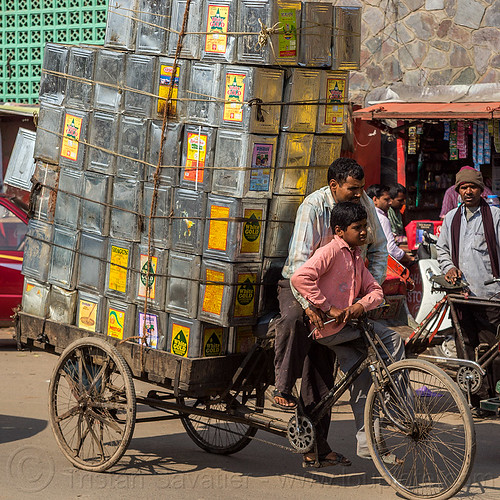 cargo tricycle loaded with metal oil boxes (india), boy, cargo tricycle, delhi, freight tricycle, men, metal boxes, trike