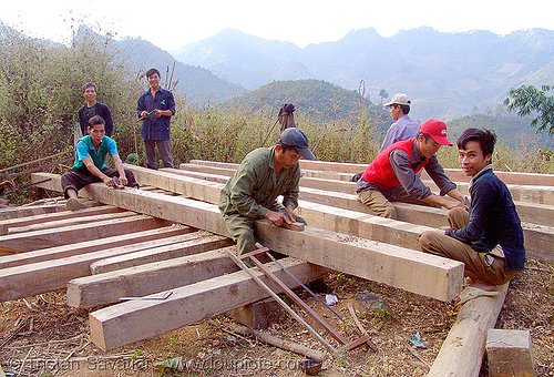 carpenters building a house - vietnam, carpenters, carpentry, construction workers, home builders, house, men, tools, wood beams, working