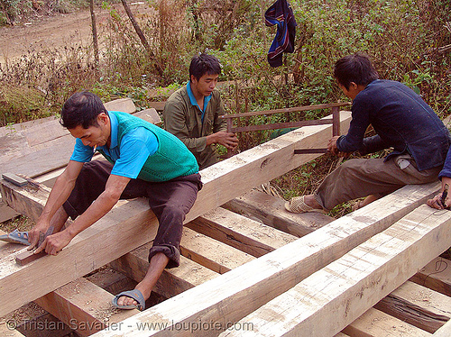 carpenters working on wood beams - vietnam, carpenters, construction workers, home builders, house, men, tools, wood beams, wood saw, working