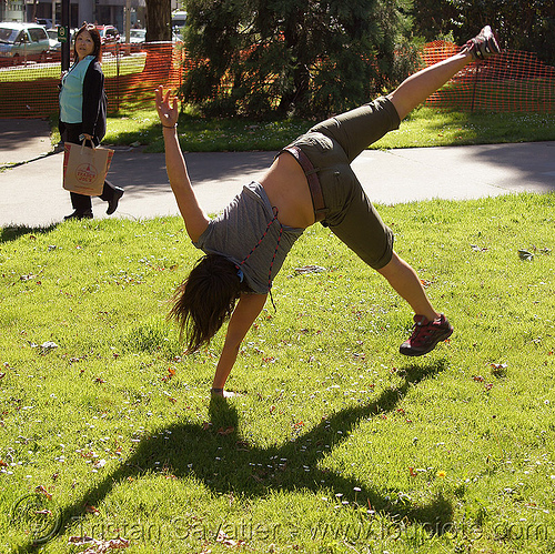 cartwheeling on one hand, cartwheeling, catrwheel, grass, gymnastics, jessika, lawn, one hand, single handed, upside-down, woman