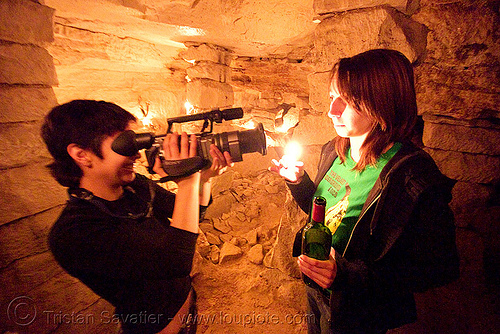 catacombes de paris - catacombs of paris (off-limit area) - alyssa and coraline, camcorder, candles, cataphile, cave, clandestines, illegal, new year's eve, shooting, underground quarry, video camera, woman