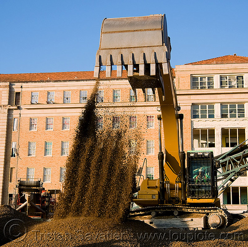caterpillar 330d excavator - moving gravel, abandoned building, abandoned hospital, at work, attachment, building demolition, cat 330d, caterpillar 330d, caterpillar excavator, gravel, presidio hospital, presidio landmark apartments, working