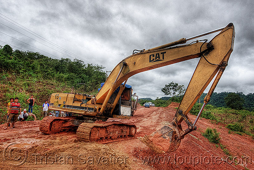 caterpillar cat e200b excavator - road construction (laos), at work, cat e200b, caterpillar e200b, dirt road, excavator, mud, unpaved, working