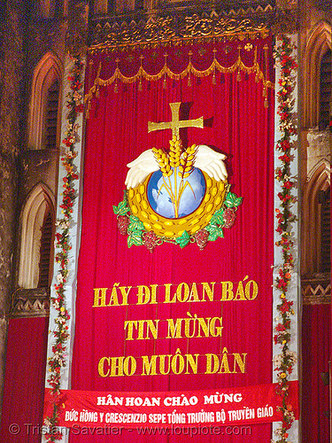 celebration in front of hanoi cathedral - vietnam, cathedral, church, cross, hanoi, red, sign, yellow