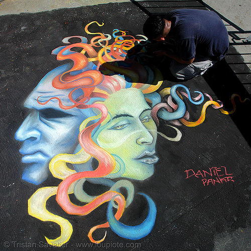 chalk street art, chalk art, curb, daniel panko, drawing, flowing ribbons, graffiti, heads, masks, north beach festival, sidewalk, street art, street painting
