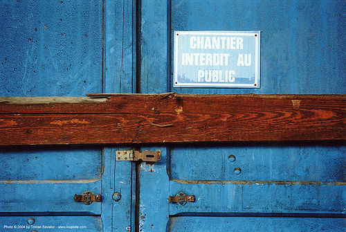 chantier interdit au public - grands moulins de paris, blue, closed, condemned door, industrial mill, trespassing
