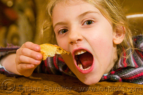 child holding toasted bread, apolline, blonde, breakfast, child, devouring, eating, honey, kid, little girl, making faces, mouth, teeth, toast, toasted bread