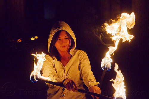 chinese girl spinning fire staffs - mel, double staff, fire dancer, fire dancing, fire performer, fire spinning, fire staffs, mel, night, staves, woman