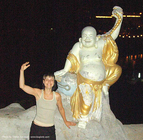 chinese temple - budai - tha ton - near fang (thailand), budai, chinese temple, fat buddha, hotei, laughing buddha, night, sculptures, statue, tha ton, woman, สังกัจจายน์, 布袋, 笑佛