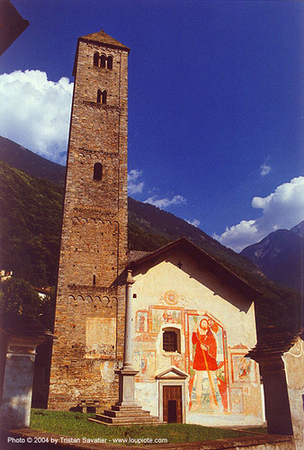 church with exterior fresco (ticino region, switzerland), belltower, church tower, frescoes, switzerland, ticino