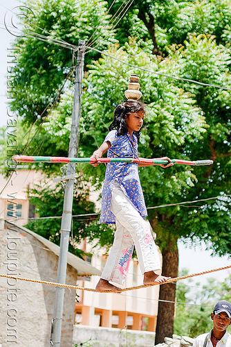 circus performer in village - young girl balancing on slack rope - near udaipur (india), artist, balancing, circus, girl, performer, slack rope, udaipur
