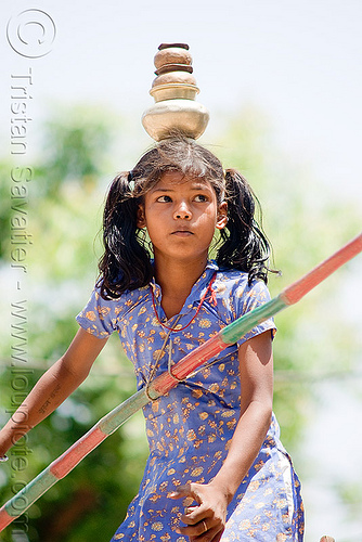 circus performer in village - young girl balancing on slack rope - near udaipur (india), artist, balancing, circus, girl, performer, slack rope, udaipur