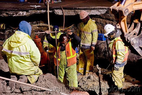 closing a cut-off water valve utility workers fixing broken water main (san francisco), awwa c515, construction workers, cut-off valves, gate valves, hetch hetchy water system, high-visibility vest, night, reflective vest, repairing, resilient, safety helmet, safety vest, sfpuc, sink hole, utility crew, utility workers, water department, water main, water pipe, working