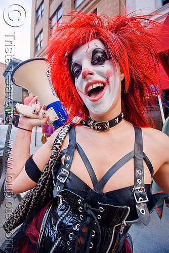 clown with bullhorn - woman - red hair - gooferman, bullhorn, clown, face painting, facepaint, gooferman, red hair, woman