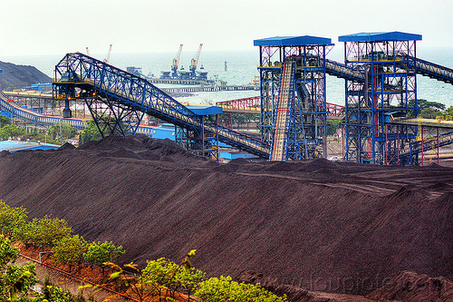 coal conveyors and stockpile, coal fired, conveyors, electricity, energy, factory, heap, paiton complex, power generation, power plant, power station, stockpile