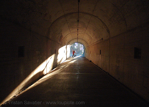 cold war tunnel (marine headlands, san francisco), adit, architecture, army, backlight, battery 129, bunker tunnel, cold war, hawk hill, jump, jumpshot, marine headlands, military tunnel, sf-87c, woman