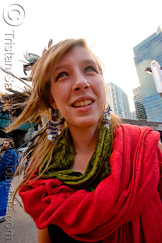colleen (san francisco), colleen, red scarf, windy, woman