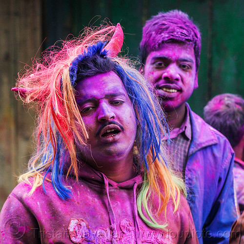 colored faces during holi festival of colors (india), blue, dye, hindu, holi festival, mani, men, pink, powder, purple, west bengal, wig