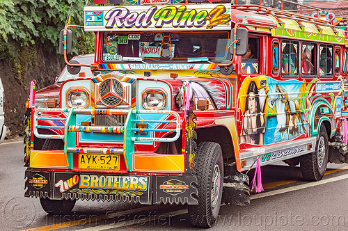colorful jeepney (philippines), baguio, colorful, decorated, front grill, jeepneys, painted, road, truck