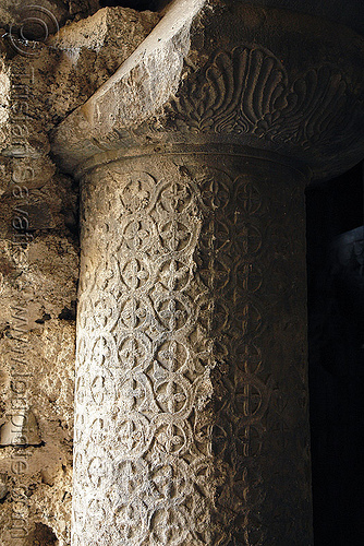 column with low-relief stone carving - oshki monastery - georgian church ruin (turkey country), byzantine, christian cross, crosses, detail, georgian church ruins, low-relief, octogonal, orthodox christian, oshki monastery, öşk, öşkvank