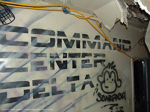 command-center-delta - stencil - abandoned hospital (presidio, san francisco), abandoned building, abandoned hospital, command center delta, font, graffiti, presidio hospital, presidio landmark apartments, stencil, trespassing