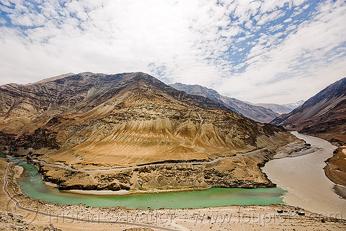 confluence of zanskar and indus rivers - ladakh (india), confluence, indus river, ladakh, mountain river, mountains, zanskar river