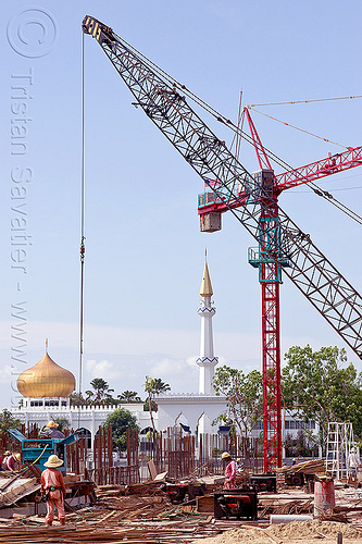 construction site with cranes - mosque, borneo, building construction, construction site, construction workers, cranes, islam, malaysia, man, minaret, miri, mosque, rebars, safety helmet, tower
