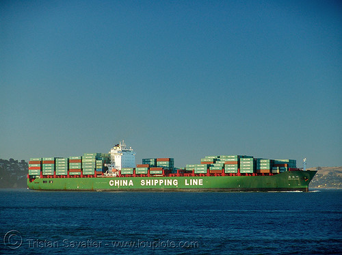 container ship - china shipping line, blue, boat, box ship, cargo ship, china shipping line, chinese, container ship, containers, ocean, red, sea