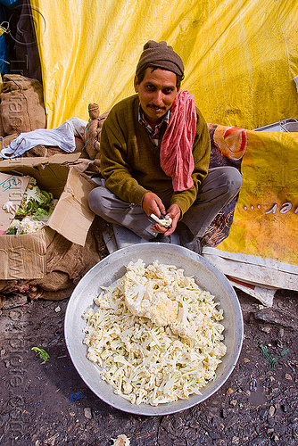 cook preparing cauliflower in langar (free community kitchen) - amarnath yatra (pilgrimage) - kashmir, amarnath yatra, community kitchen, cooking, cooks, food, free kitchen, hindu pilgrimage, kashmir, langar, man, pilgrim