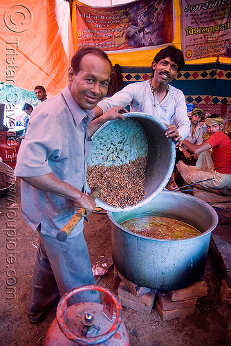 cooks preparing food in large pots - langar (free community kitchen) - amarnath yatra (pilgrimage) - kashmir, amarnath yatra, cooking pots, cooks, food, hindu pilgrimage, kashmir, kitchen, langar, men, sikh, sikhism