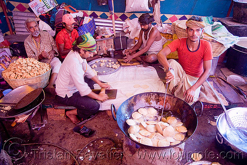 cooks preparing food - langar (free community kitchen) - amarnath yatra (pilgrimage) - kashmir, amarnath yatra, cooking oil, cooks, deepfrying, food, hindu pilgrimage, kashmir, kitchen, krying, langar, men, sikh, sikhism, wok