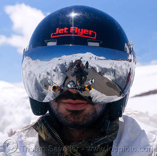 cool motorcycle helmet - himalaya - manali to leh road (india), jet flyer, ladakh, man, mirror visor, motorcycle helmet, motorcycle touring, mountains, rider, riding, road, royal enfield bullet, snow